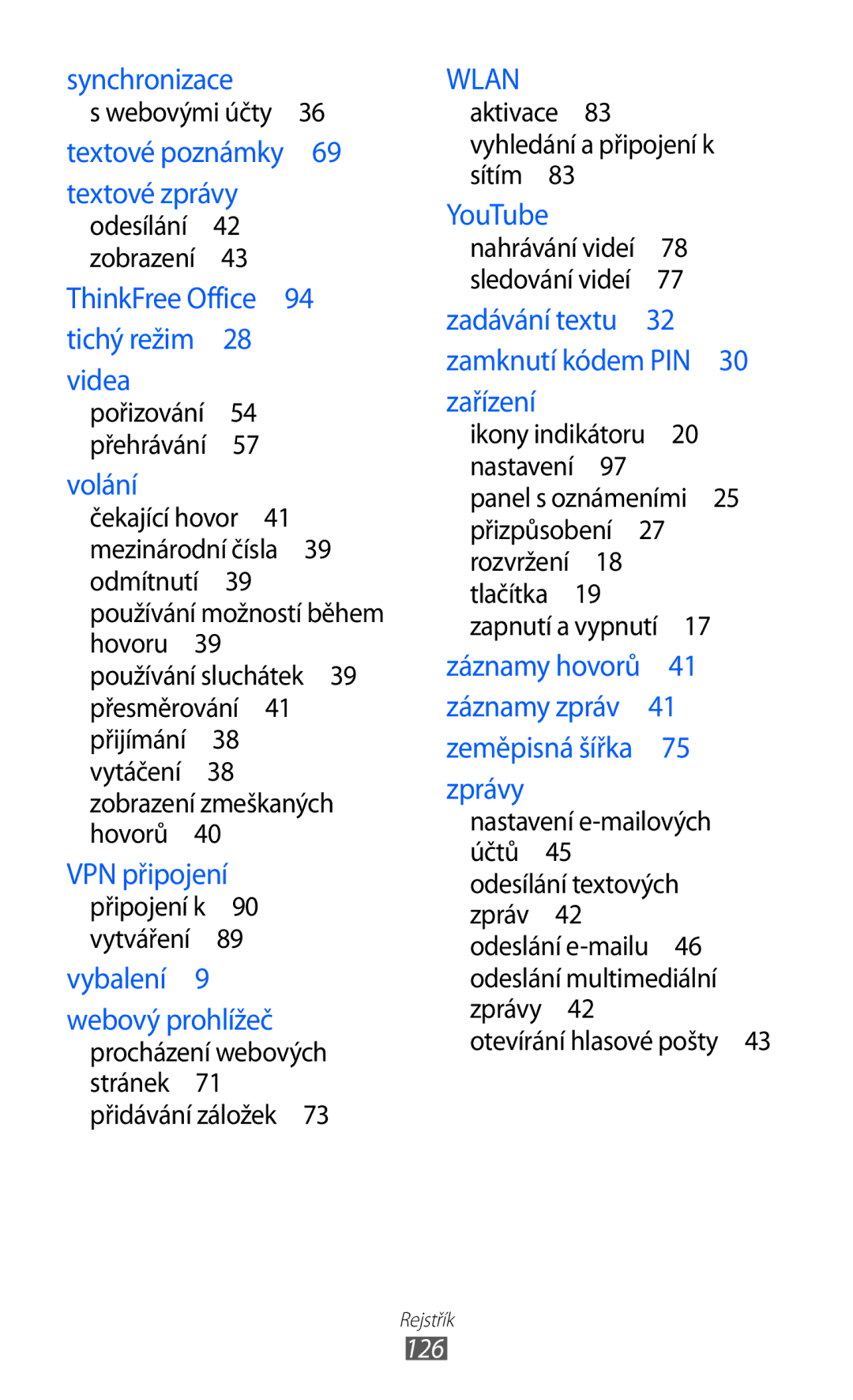 Samsung GT-S5830OKIVDC manual Webovými účty , Aktivace 83 vyhledání a připojení k sítím , Otevírání hlasové pošty , 126 